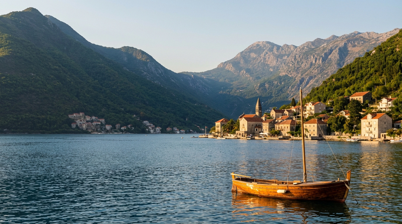 Bateau en bois flottant sur la Baie de Kotor, Monténégro. Un village historique et de majestueuses montagnes verdoyantes forment l'arrière-plan.