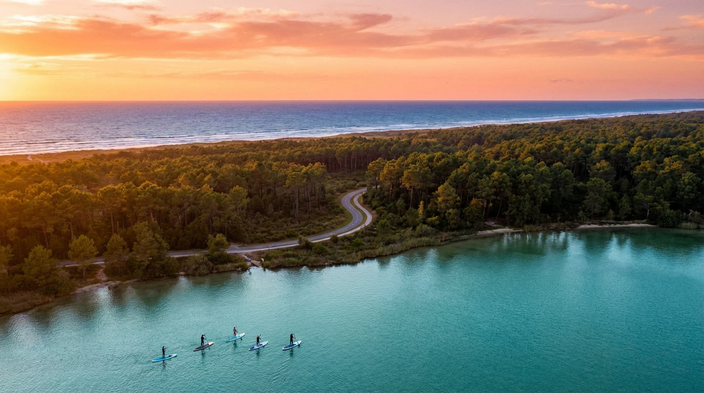 Vue aérienne d'un lac turquoise avec des paddleboards, d'une forêt de pins, d'une route sinueuse et de l'océan au coucher du soleil à Biscarrosse.