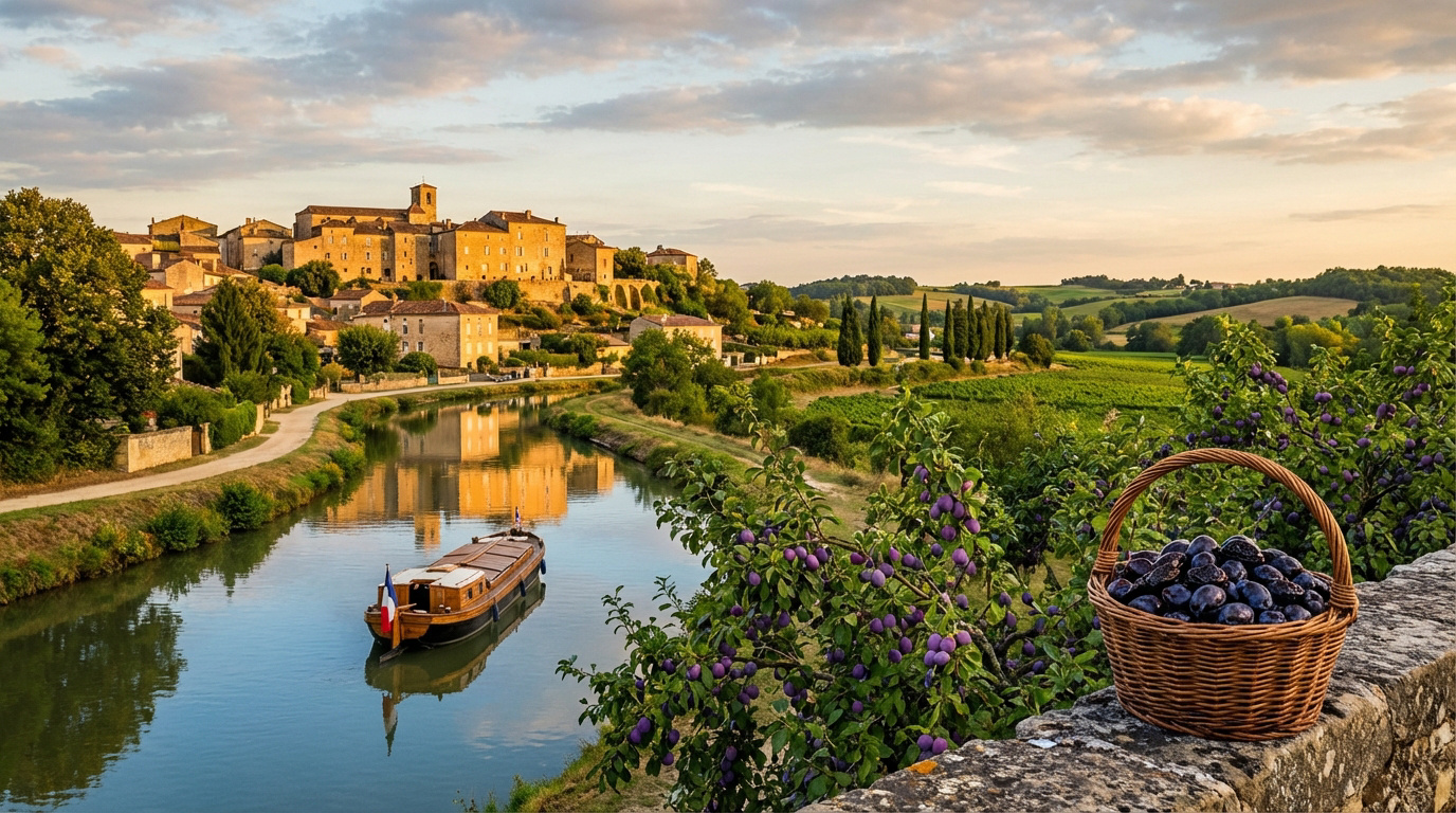Paysage idyllique du Lot-et-Garonne : village perché, canal et péniche, vignes, avec un panier de prunes sur un mur en pierre.