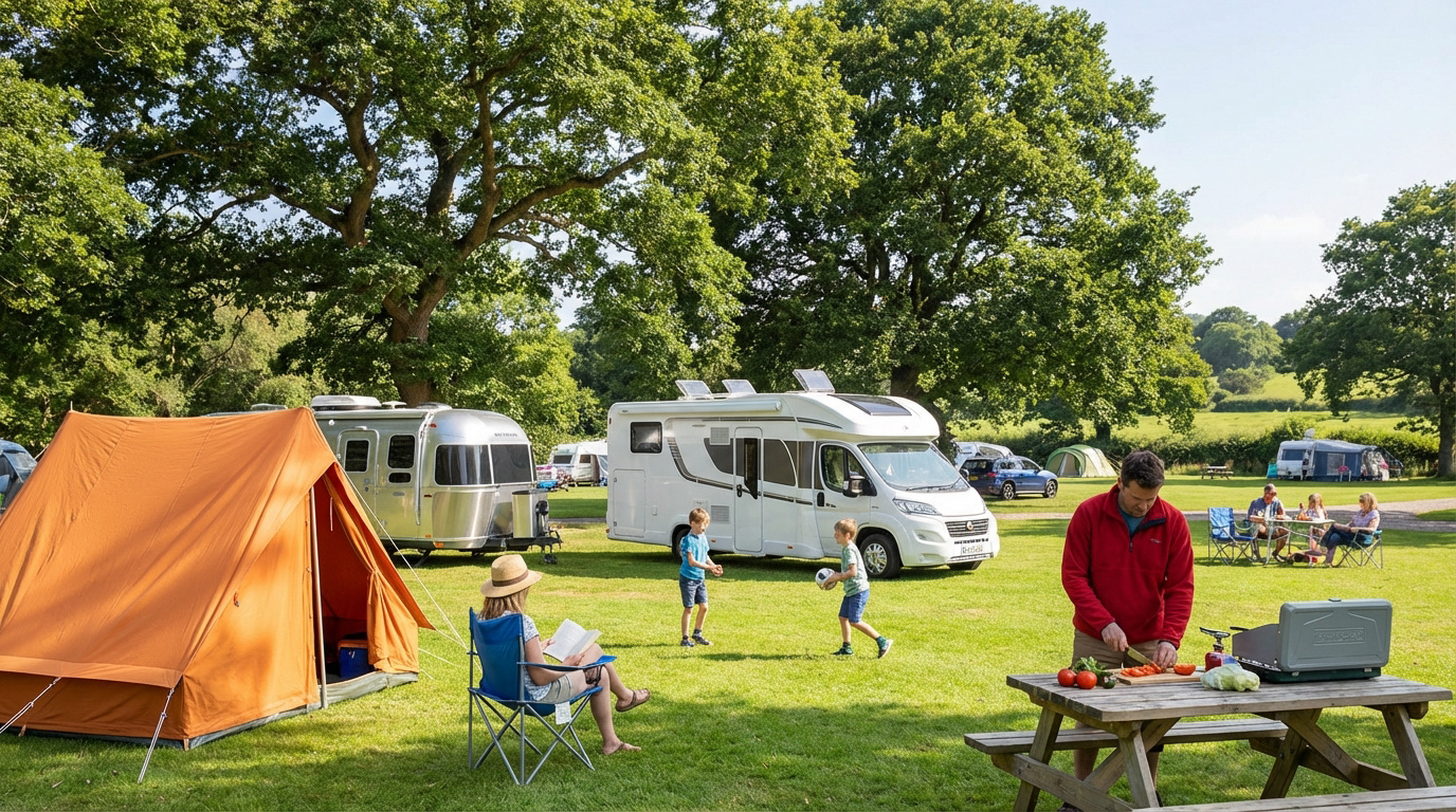 Comment visiter les Gorges du Tarn et ses villages ? Un camping animé sous le soleil : une tente, des camping-cars, une famille cuisine, des enfants jouent et d'autres se détendent.