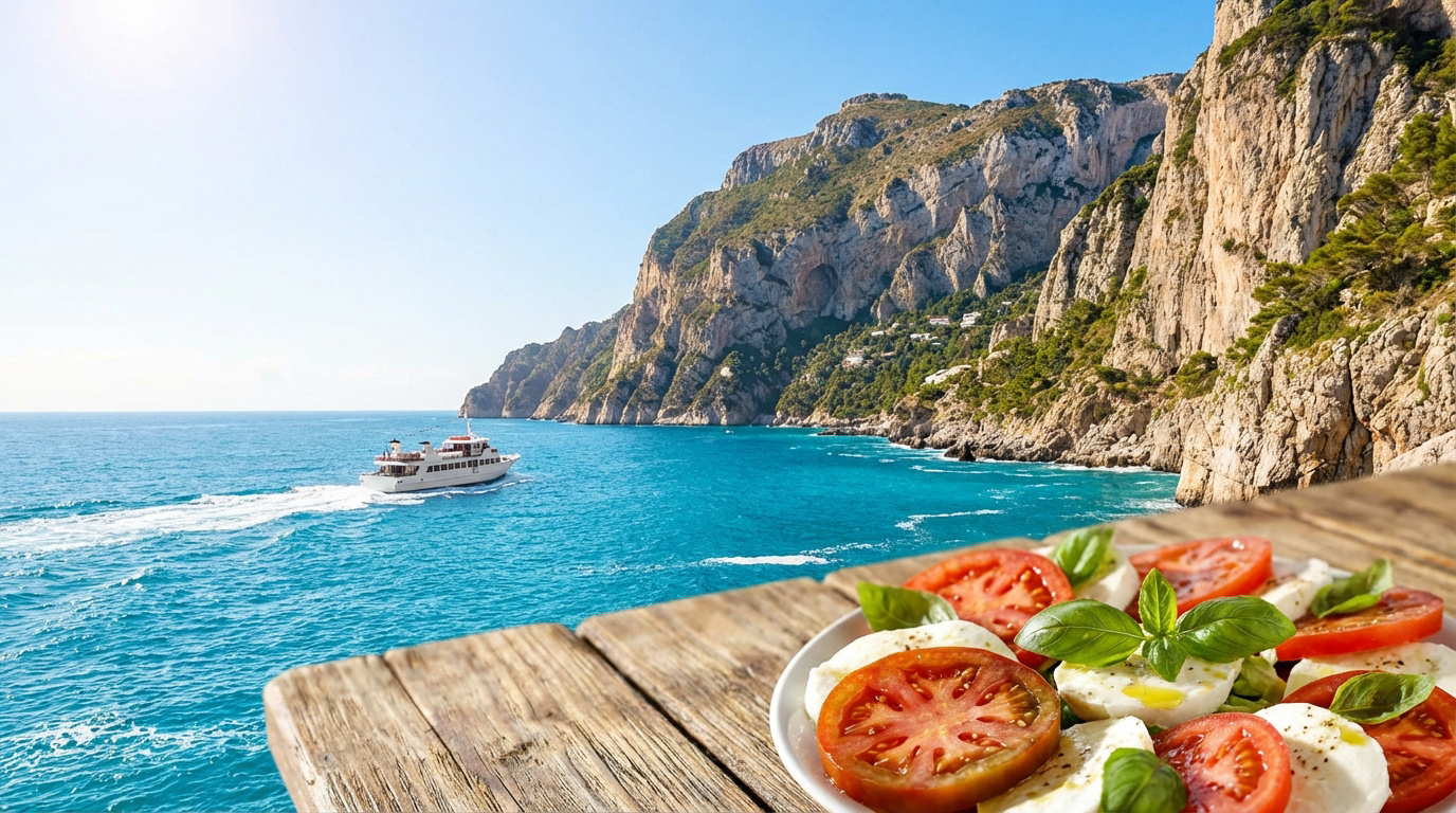 Salade Caprese sur table en bois, surplombant la mer Méditerranée et les falaises de Capri avec un bateau naviguant.