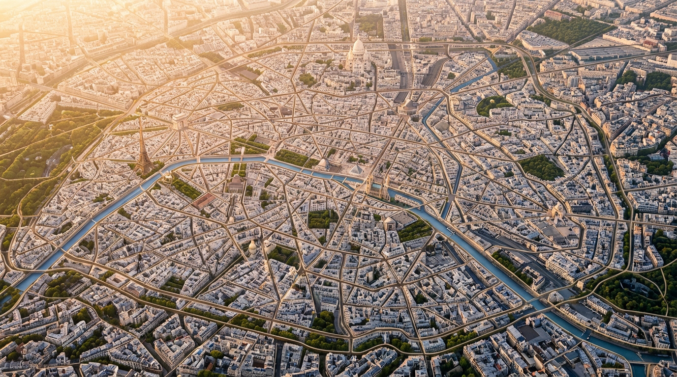Vue aérienne de Paris au lever du soleil, montrant la Seine, la Tour Eiffel et l'Arc de Triomphe, avec ses arrondissements en spirale.