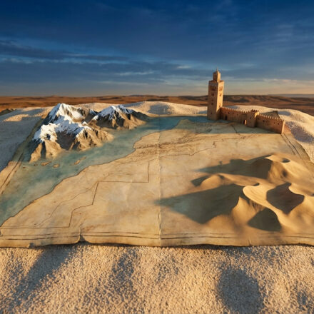 Carte 3D du Maroc en relief sur le sable désertique, avec montagnes enneigées, dunes et un minaret sous un ciel dramatique.