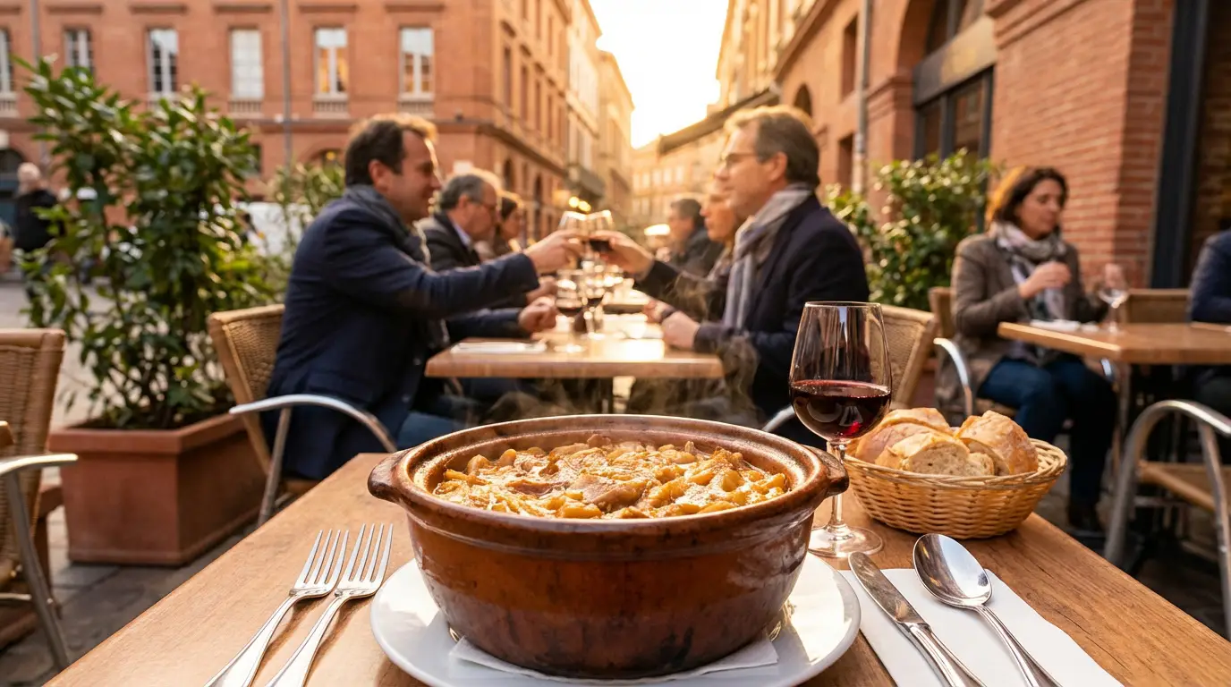 Où trouver le meilleur restaurant à Toulouse en 2026 ? Un plat de cassoulet fumant en gros plan sur une table en terrasse à Toulouse. Des convives trinquent joyeusement en arrière-plan devant des bâtiments historiques.