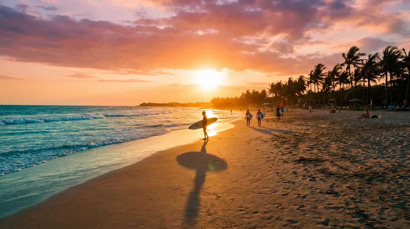 Tout savoir sur kuta beach bali : surf, fête et conseils Coucher de soleil spectaculaire sur Kuta Beach, Bali. Des surfeurs marchent le long de la plage, palmiers luxuriants. Ambiance chaleureuse.
