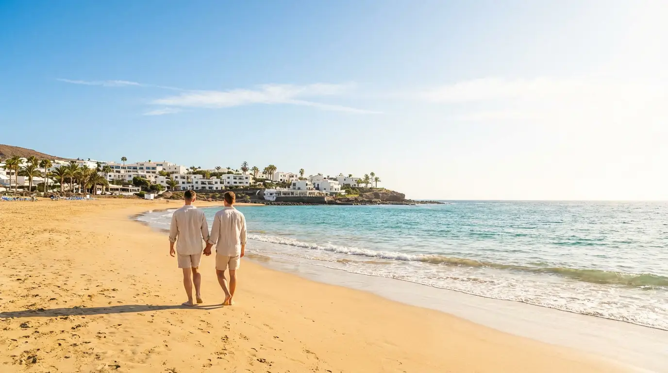 Où trouver une destination soleil en octobre pas cher ? Deux hommes marchant main dans la main sur une plage de sable fin bordée de bâtiments blancs et de palmiers, sous un ciel bleu.