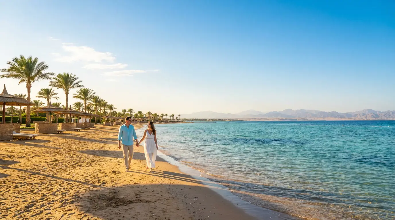 Hurghada est-il dangereux ? Sécurité et conseils pour 2026 Couple marchant main dans la main sur une plage de sable doré à Hurghada, bordée de palmiers, avec une mer turquoise et des montagnes.