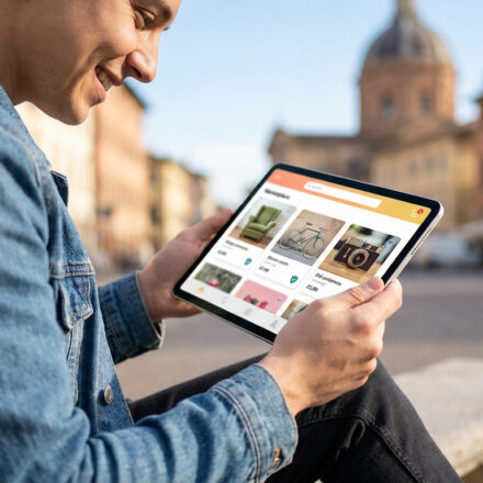 Jeune homme souriant naviguant sur une marketplace de petites annonces sur sa tablette, en extérieur dans une ville italienne.