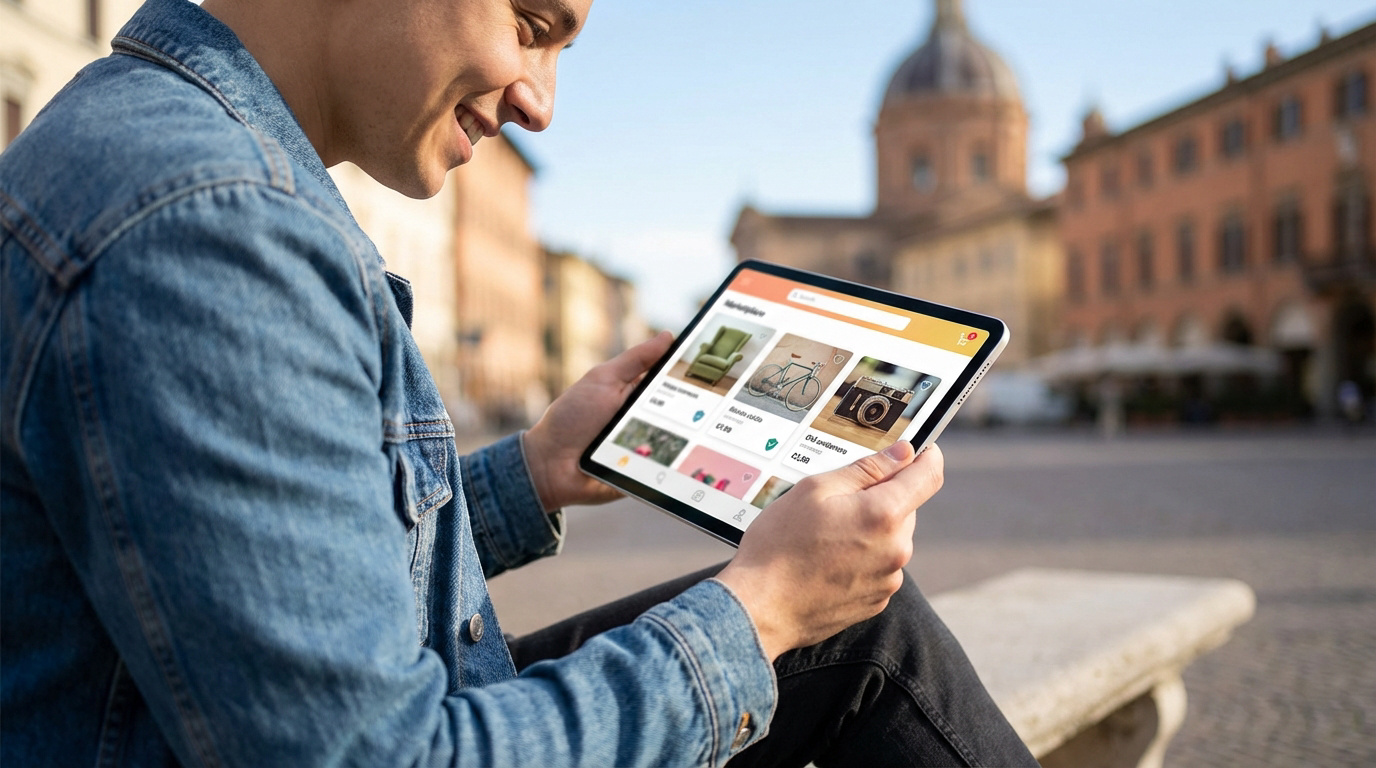Jeune homme souriant naviguant sur une marketplace de petites annonces sur sa tablette, en extérieur dans une ville italienne.