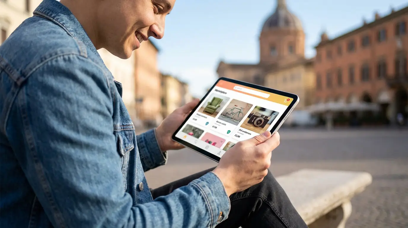 Leboncoin en Italie : le top des sites de petites annonces Jeune homme souriant naviguant sur une marketplace de petites annonces sur sa tablette, en extérieur dans une ville italienne.