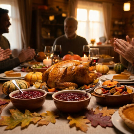 Famille célébrant Thanksgiving autour d'un dîner festif. Dinde rôtie, tartes à la citrouille, sauce aux canneberges et maïs décorent la table, les convives applaudissent.