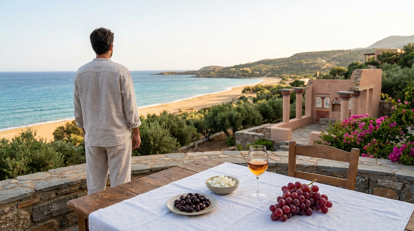 Réussir votre voyage au Monténégro : entre mer et montagnes Un homme de dos regarde une plage de sable fin et la mer. Au premier plan, une table avec vin rosé, feta, olives et raisins.