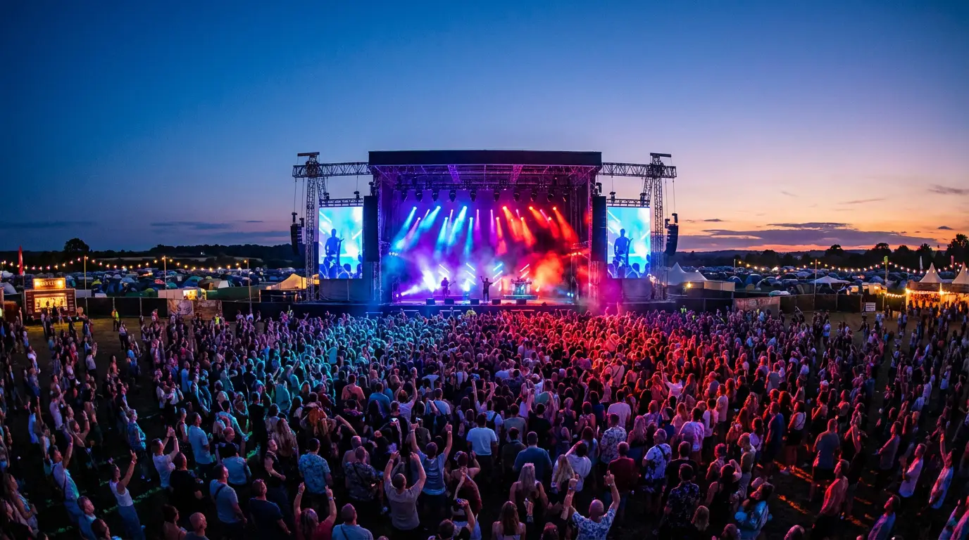 Garorock 2025 : dates, artistes et conseils pour Marmande Foule immense devant une scène de concert illuminée de lumières rouges et bleues, avec un ciel crépusculaire et des tentes de camping en arrière-plan.