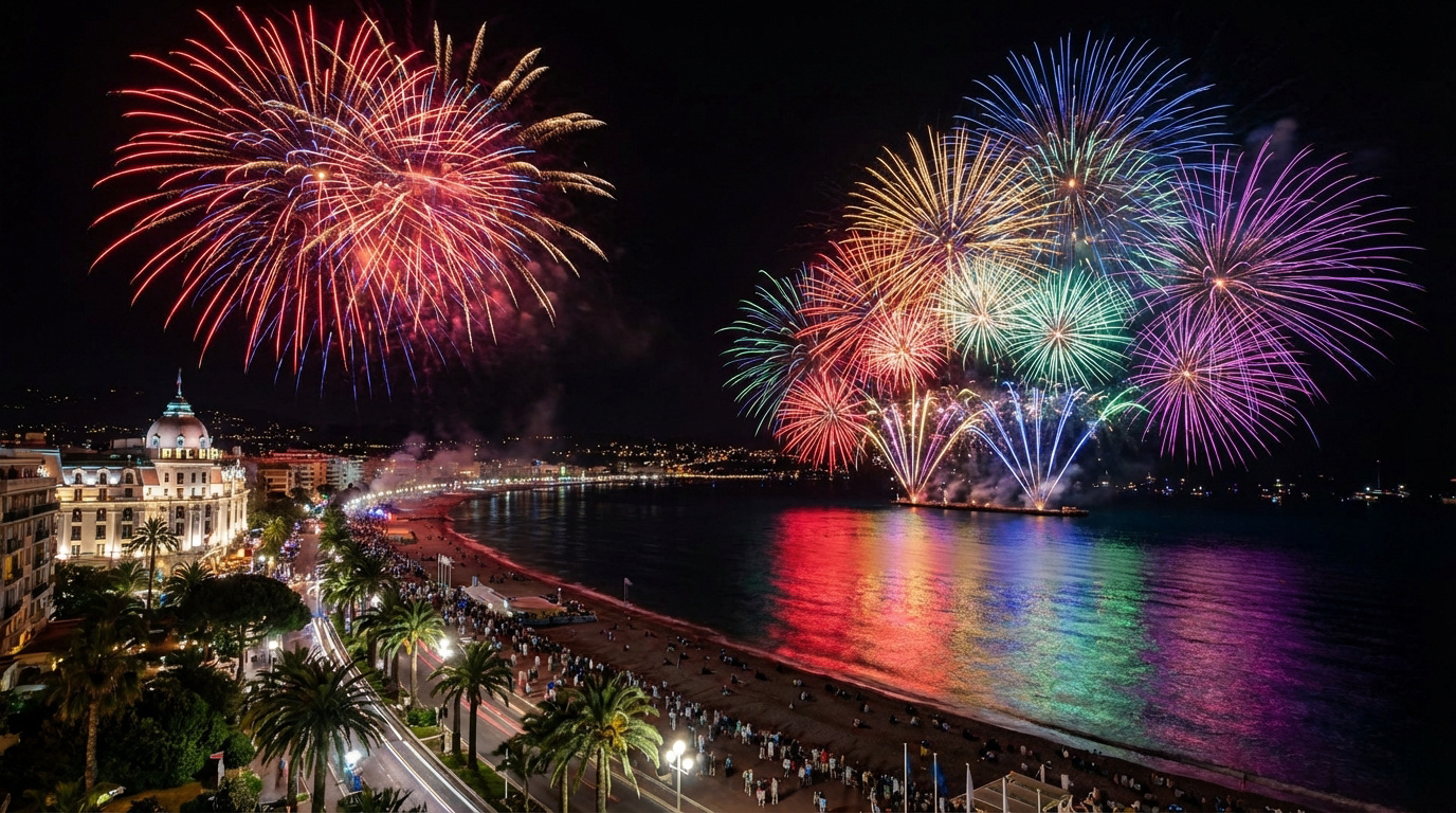 Vue aérienne nocturne d'un grand feu d'artifice sur la Baie des Anges à Nice, avec ses reflets, la plage bondée et l'Hôtel Negresco.