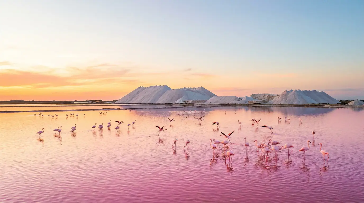 Vue panoramique des salins de Salin-de-Giraud avec l'eau rose, des flamants roses et des montagnes de sel sous un ciel coloré au crépuscule.