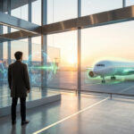 Homme à l'aéroport devant un écran affichant données financières et mondiales, un avion au coucher du soleil reflétant les défis.