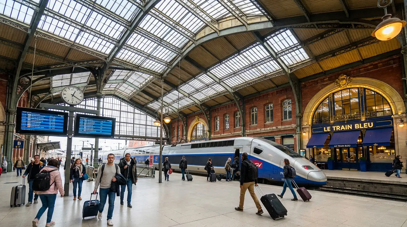 Intérieur de la Gare de Lyon avec un TGV à quai, des voyageurs, et le restaurant historique Le Train Bleu sous une verrière.