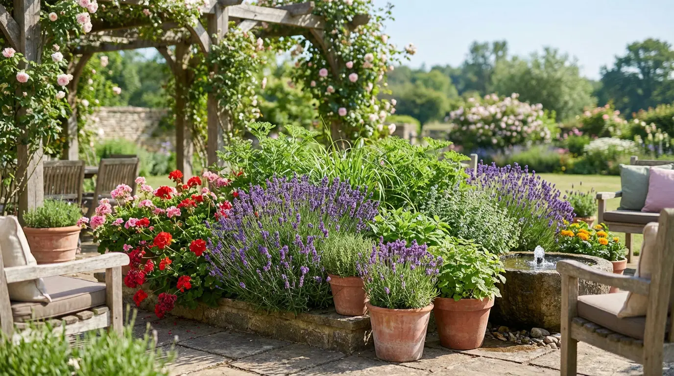 Patio fleuri et ensoleillé avec lavande, géraniums, pergola de roses et mobilier en bois. Une fontaine apporte fraîcheur au jardin.