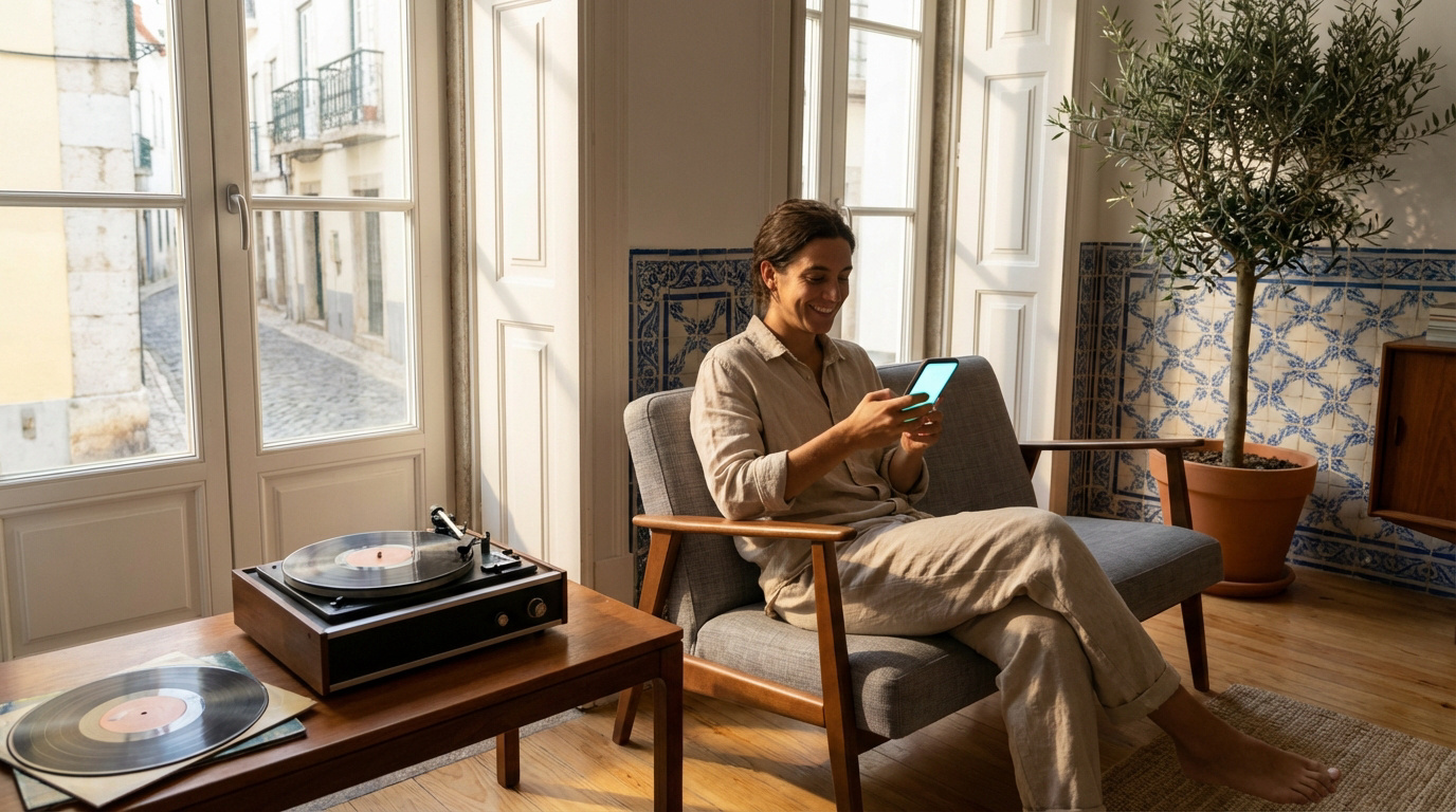 Tout savoir sur gpnet air france pour voyager sereinement Femme souriante utilisant un smartphone dans un intérieur lumineux de style portugais avec azulejos, tourne-disque et vue sur une rue pavée.