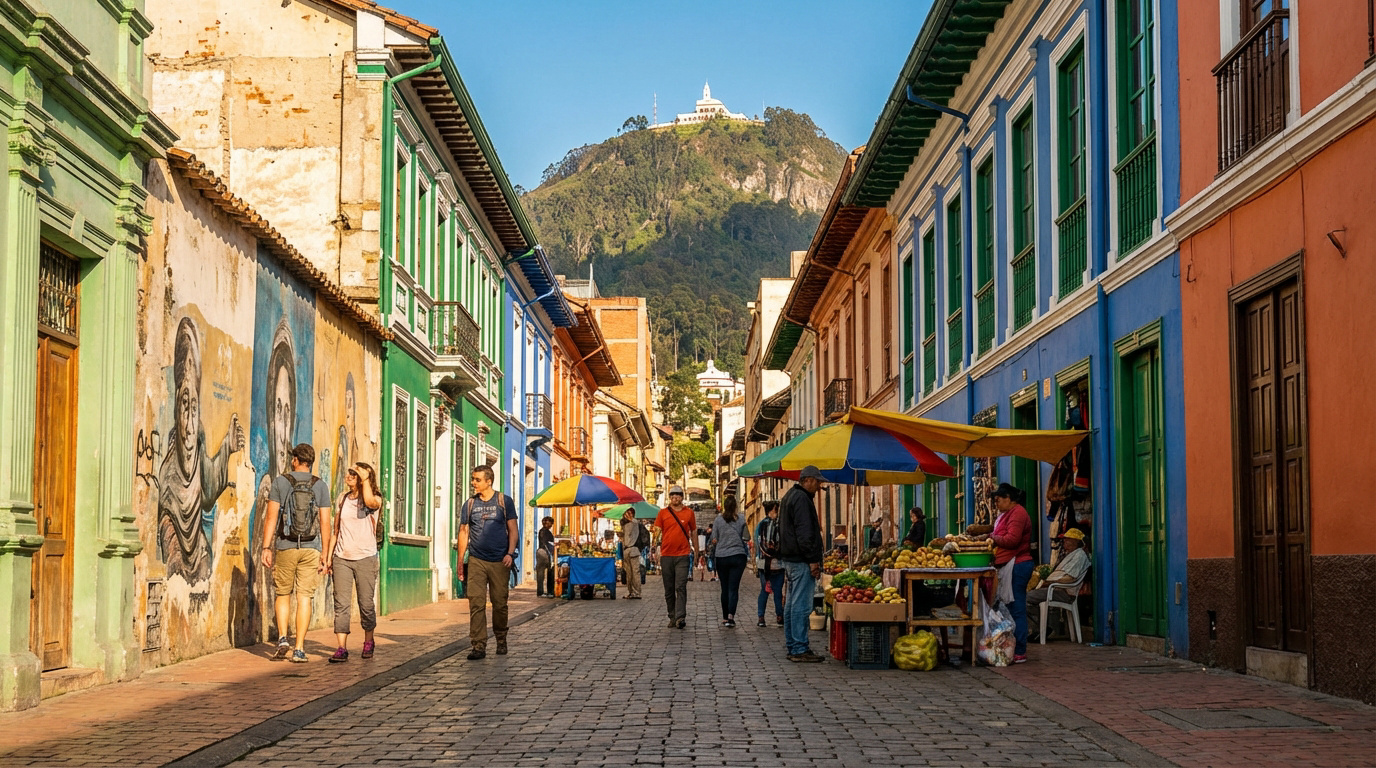 Visiter Bogota : le guide complet pour explorer la capitale Rue pavée vibrante de Bogota. Bâtiments colorés, fresques murales, passants et étals de marché, avec le Mont Monserrate au loin.