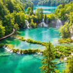 Vue aérienne des lacs de Plitvice en Croatie, avec des eaux turquoise, de nombreuses cascades, une forêt dense et un sentier en bois.