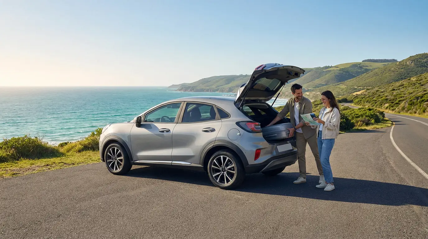 Réussir votre location de voiture Turo au meilleur prix Couple souriant chargeant un SUV gris sur une route côtière ensoleillée avec l'océan turquoise et des collines verdoyantes en arrière-plan.