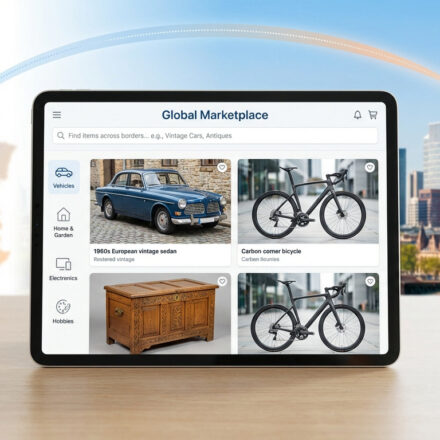 Tablette affichant un marché en ligne, avec carte de France, avion, et skyline de Francfort, symbolisant l'e-commerce franco-allemand.