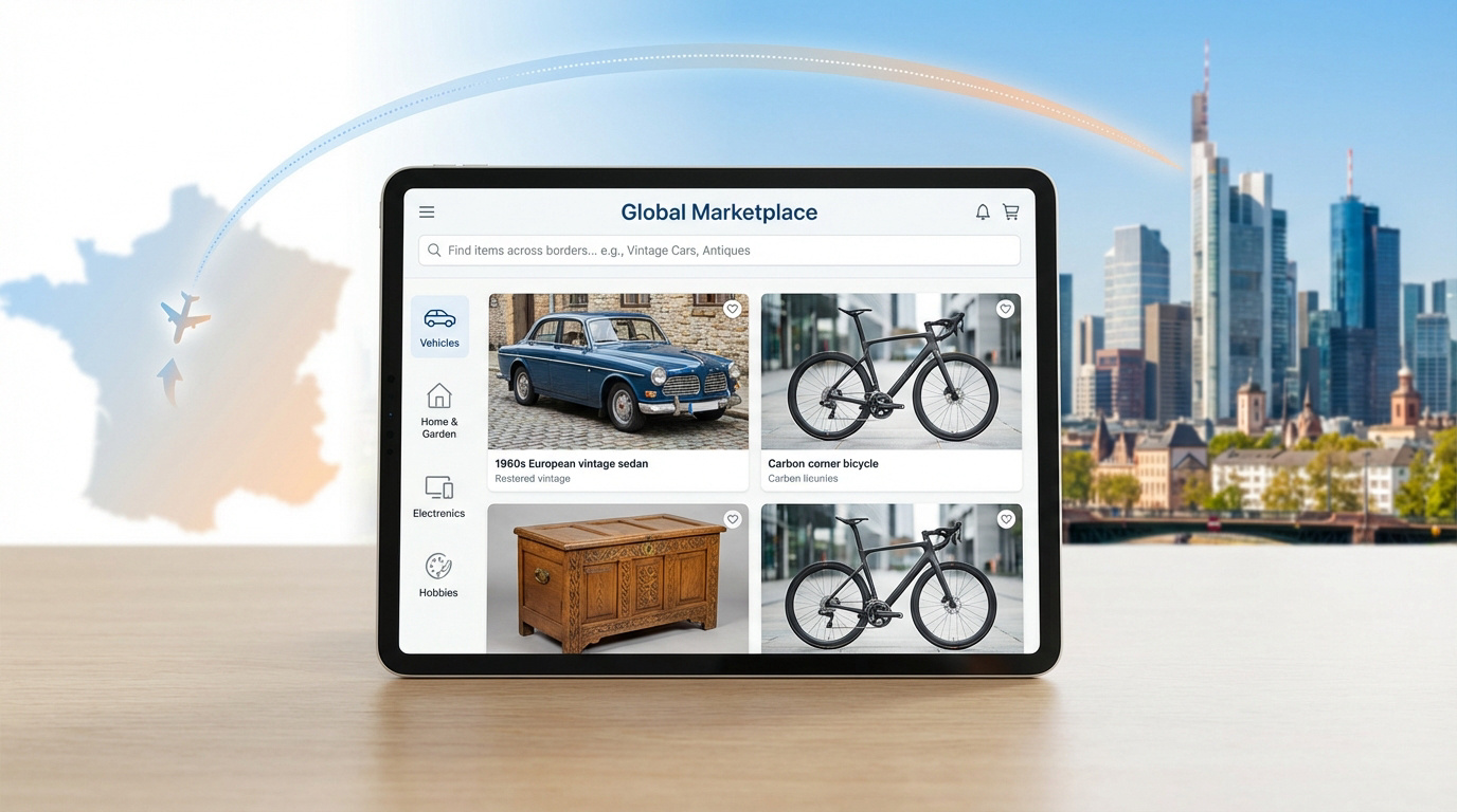 Tablette affichant un marché en ligne, avec carte de France, avion, et skyline de Francfort, symbolisant l'e-commerce franco-allemand.