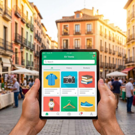 Mains tenant une tablette affichant une application de petites annonces ("En Venta") devant une rue espagnole colorée animée par un marché.