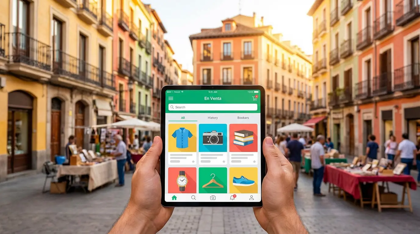 Leboncoin en Espagne : top des sites de petites annonces Mains tenant une tablette affichant une application de petites annonces ("En Venta") devant une rue espagnole colorée animée par un marché.