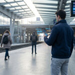 Homme sur un quai de gare moderne consulte son smartphone affichant des données virtuelles d'horaires. D'autres voyageurs et rails.
