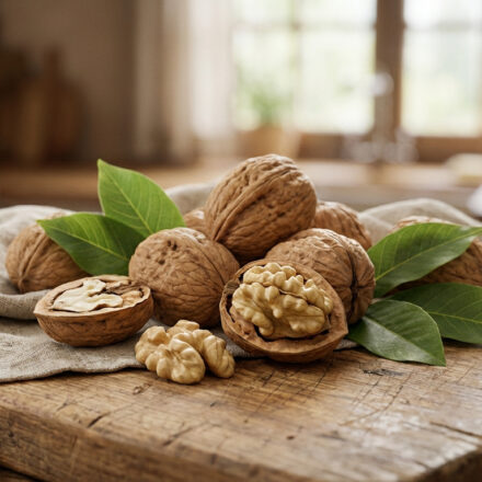 Gros plan sur des noix de Grenoble entières et cassées, avec des feuilles vertes, sur une toile de lin et une planche en bois.