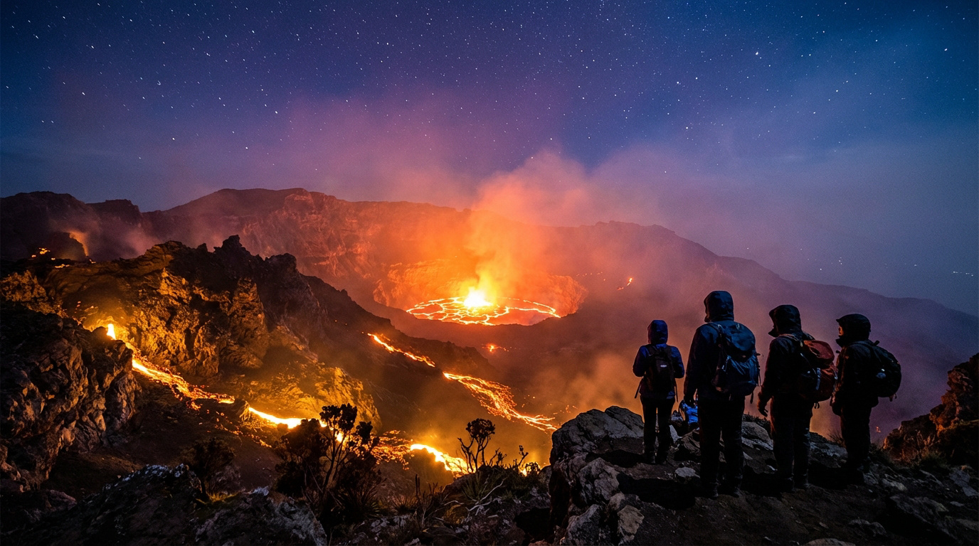 Quatre randonneurs observent de nuit le volcan Nyiragongo en éruption avec son lac de lave et des coulées sous un ciel étoilé.