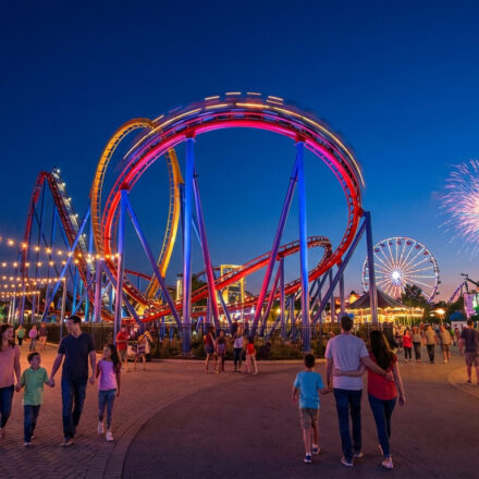 Parc d'attraction illuminé la nuit avec montagnes russes, grande roue, manèges et feux d'artifice. Des familles se promènent.