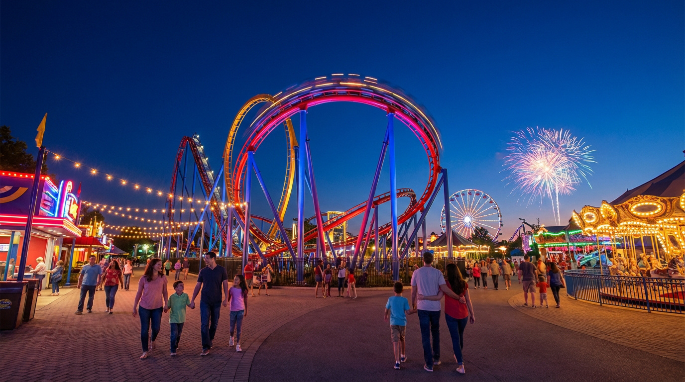 Comment visiter les Gorges du Tarn et ses villages ? Parc d'attraction illuminé la nuit avec montagnes russes, grande roue, manèges et feux d'artifice. Des familles se promènent.
