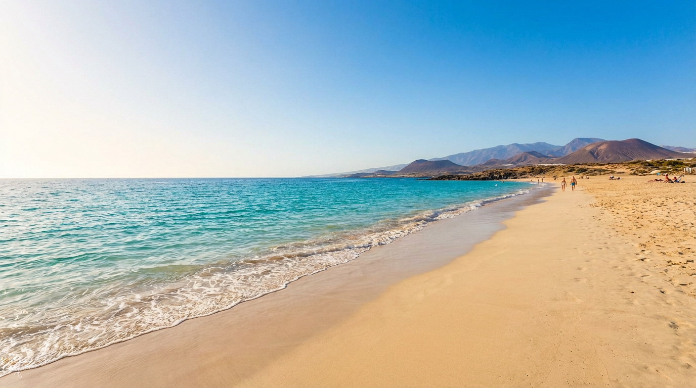 Visiter Lanzarote : les incontournables de l’île volcanique Plage de sable doré sous un ciel bleu clair, avec mer turquoise et montagnes volcaniques en arrière-plan. Quelques baigneurs.