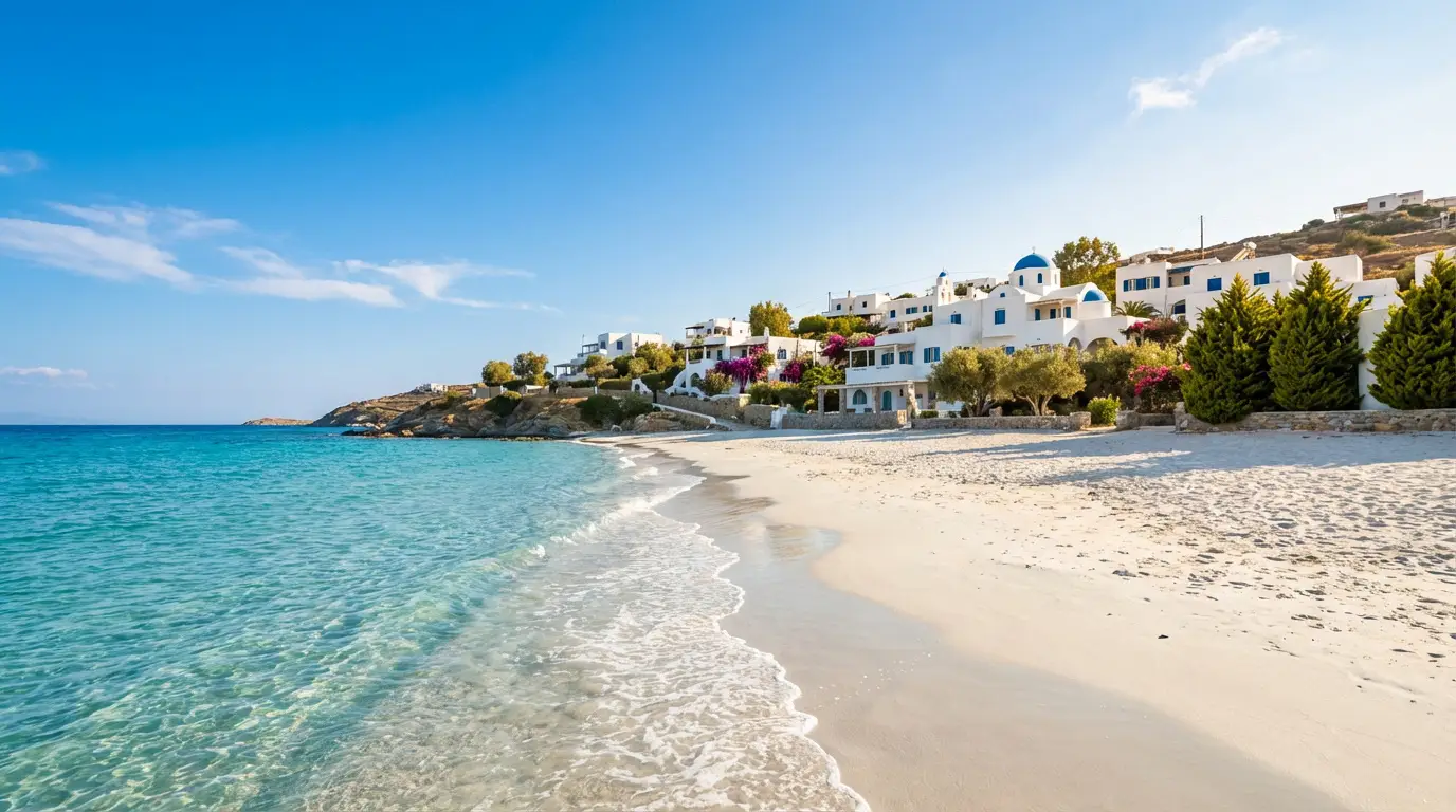 Où partir en juin : les meilleures destinations au soleil Vue d'une plage de sable blanc aux eaux turquoise, bordée de maisons blanches traditionnelles avec des toits bleus en Grèce.