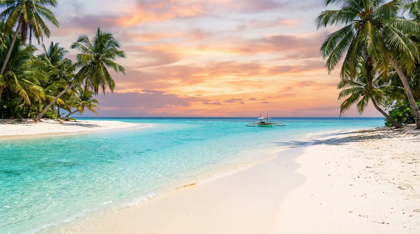 Comment choisir et visiter les meilleures îles tropicales Plage de sable blanc avec eau turquoise cristalline, palmiers luxuriants et un bateau traditionnel sous un ciel pastel au lever du soleil.