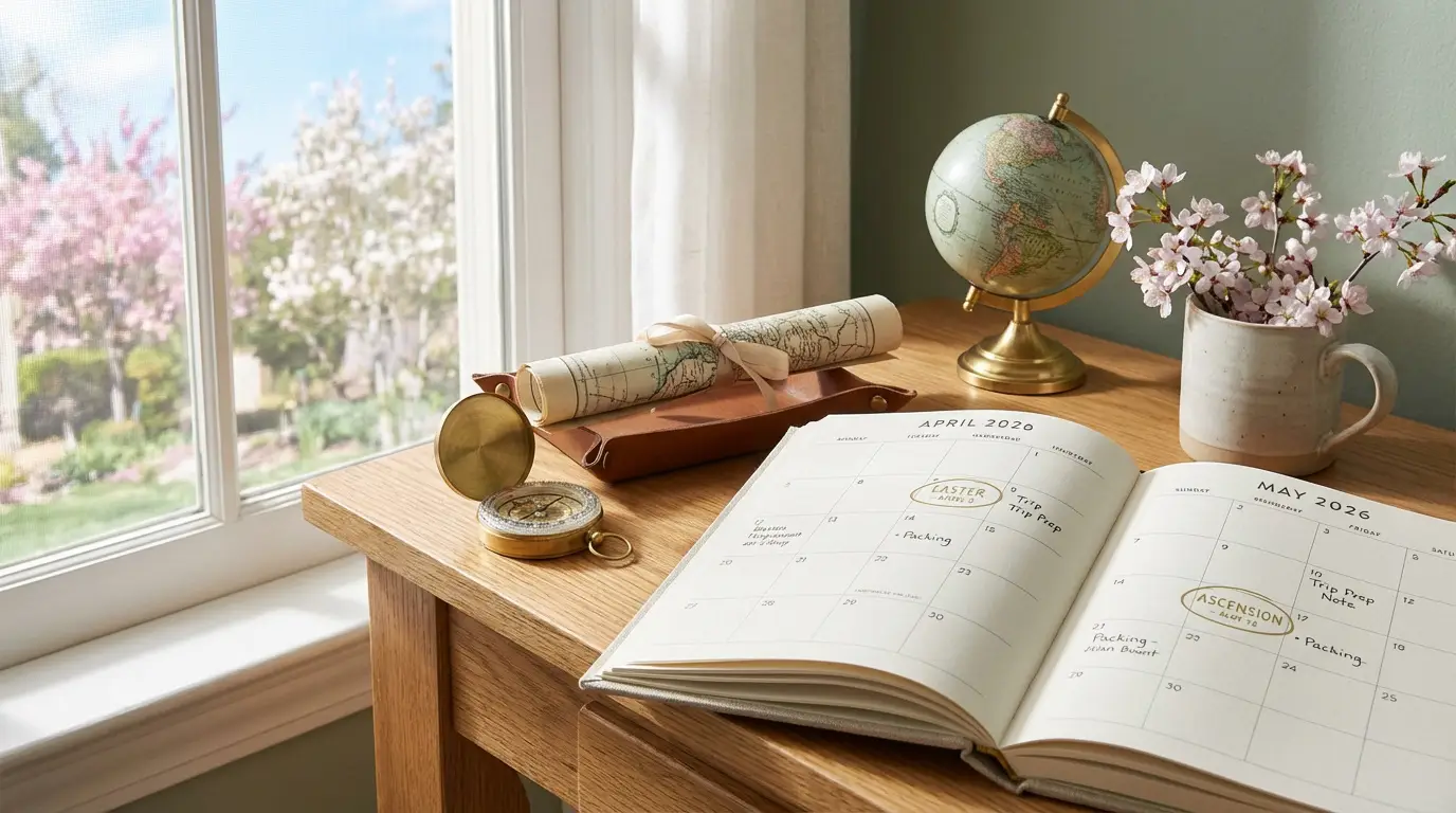 Agenda 2026 ouvert sur avril et mai, avec Pâques et l'Ascension entourés, près d'une carte, globe et boussole sur un bureau en bois.