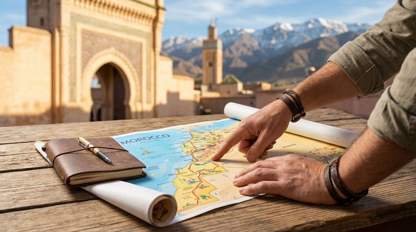 Mains sur une carte du Maroc, pointant une destination. En arrière-plan, architecture marocaine et montagnes enneigées.