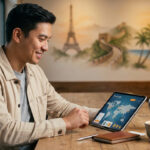 Un homme souriant utilise une tablette pour planifier un voyage autour du monde, avec un globe et un mur décoré de sites emblématiques.