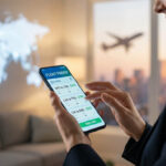 Femme souriante utilise une app de recherche de vols sur smartphone, affichant une carte du monde et un avion en arrière-plan.