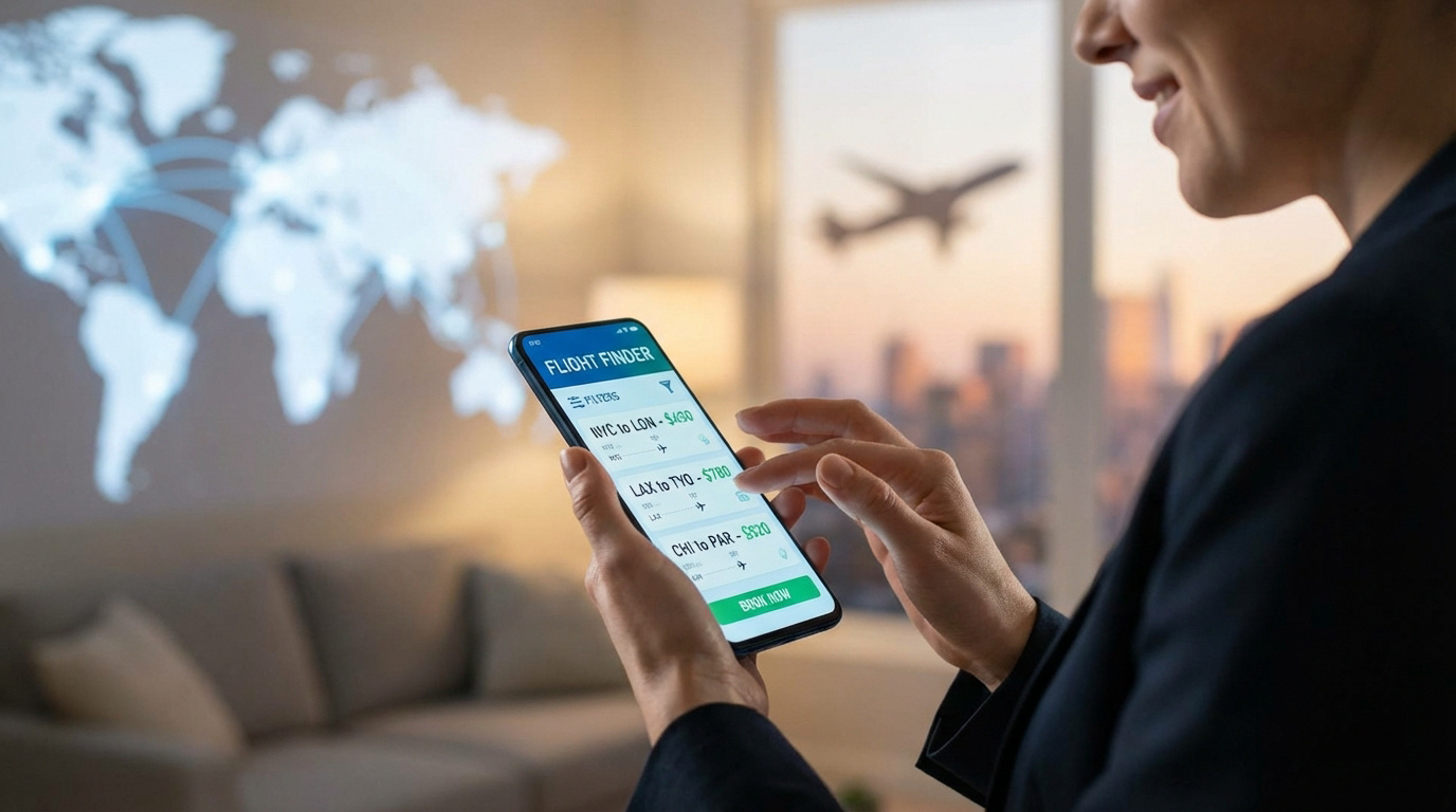 Femme souriante utilise une app de recherche de vols sur smartphone, affichant une carte du monde et un avion en arrière-plan.