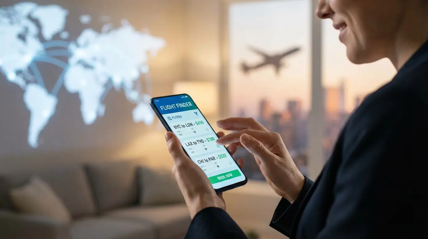 Femme souriante utilise une app de recherche de vols sur smartphone, affichant une carte du monde et un avion en arrière-plan.