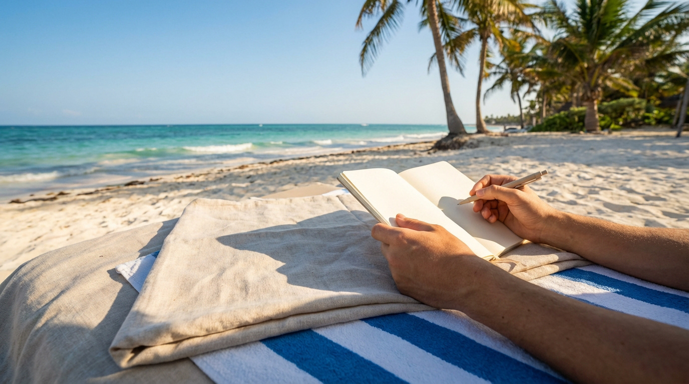 Une personne écrit dans un carnet sur une plage de sable fin, face à l'océan turquoise sous un ciel bleu avec des palmiers.