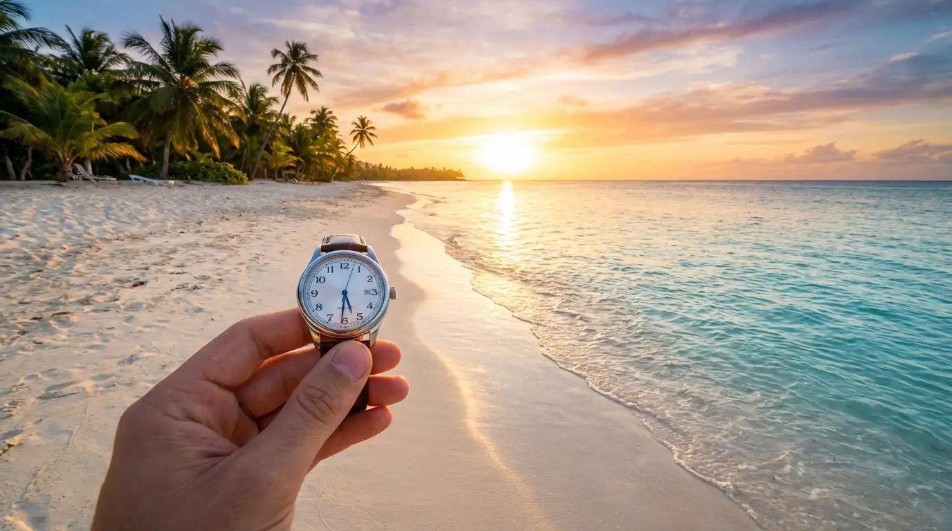 Heure en Guadeloupe : décalage et conseils pour le voyage Image d'une main tenant une montre, sur fond de plage tropicale au coucher du soleil, symbolisant le décalage horaire et le voyage.