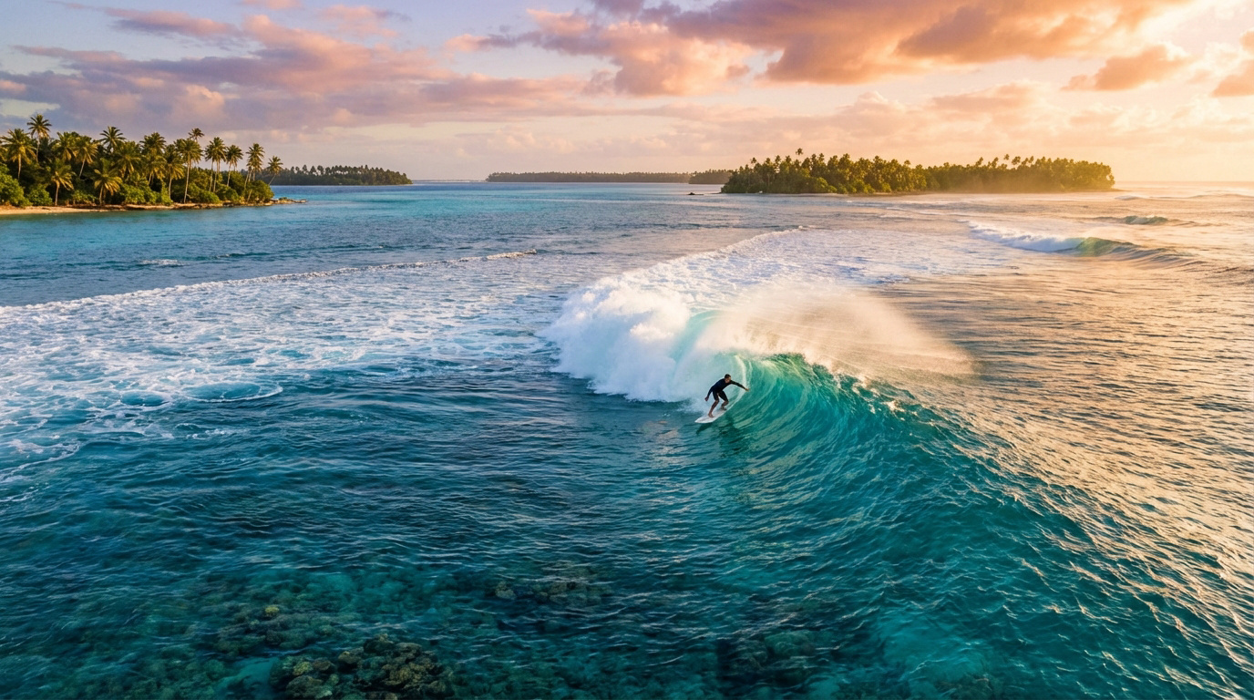 Tout savoir sur Siargao aux Philippines : surf et nature Surfeur sur une vague turquoise au cœur d'un lagon tropical, avec des îles bordées de palmiers sous un ciel pastel.