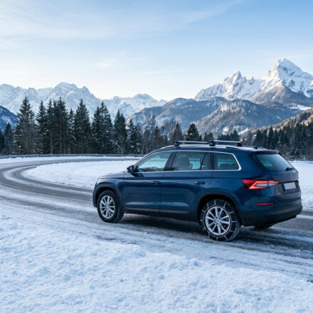 SUV bleu avec chaînes sur route sinueuse enneigée, montagnes et forêts majestueuses en arrière-plan sous un ciel clair.