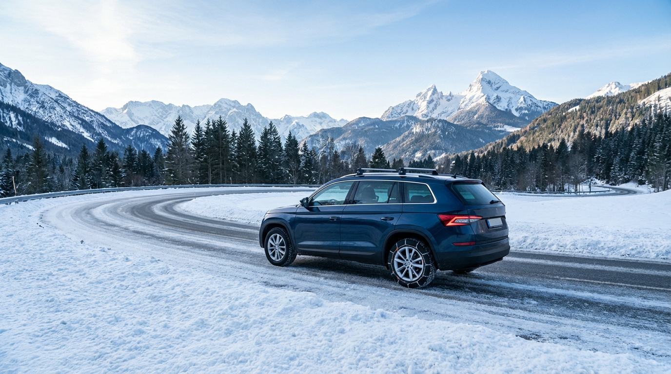 SUV bleu avec chaînes sur route sinueuse enneigée, montagnes et forêts majestueuses en arrière-plan sous un ciel clair.