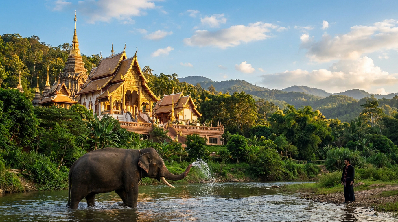 S’évader en Lot-et-Garonne : tourisme et terroir Éléphant dans une rivière devant un temple bouddhiste doré et une forêt tropicale luxuriante près de Chiang Mai.